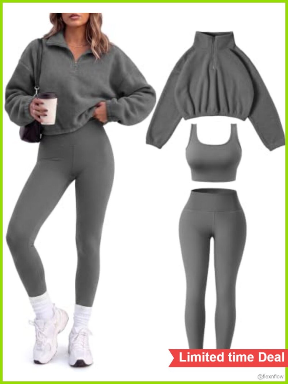 Women Fleece Workout Set 3 Piece Half Zip Crop Pullover Sports Bra Leggings
